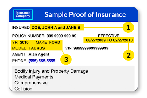 Example of necessary vehicle insurance information.
