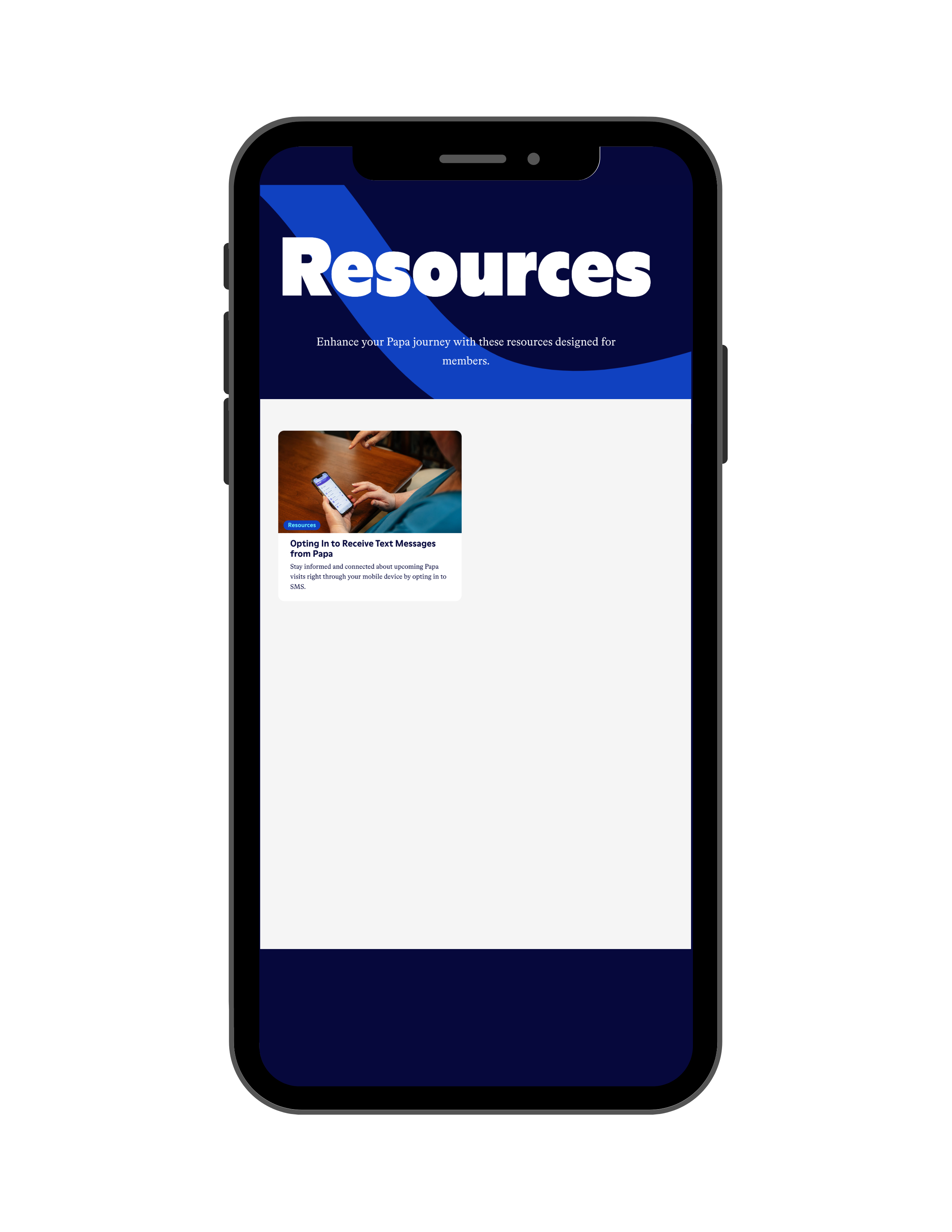 Papa member resources displayed on a mobile device.