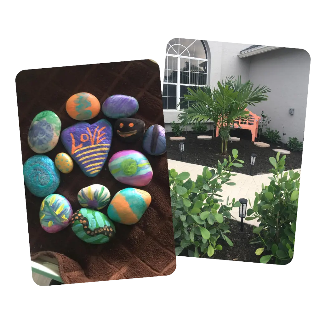 Garden and painted rocks.