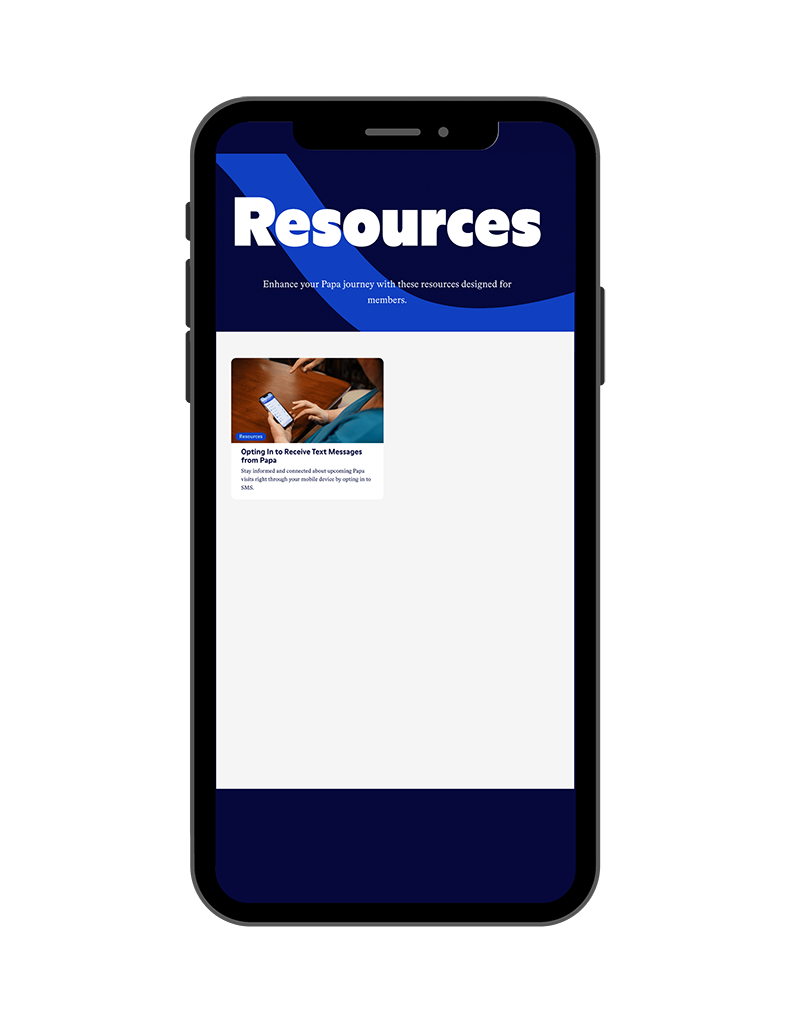 Papa member resources displayed on a mobile device.