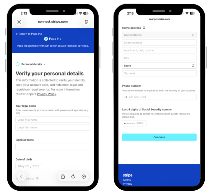 Enter personal information screen