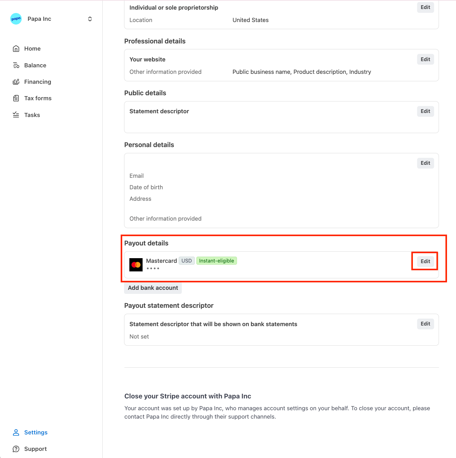 On the settings screen, navigate to the payout section and select edit.